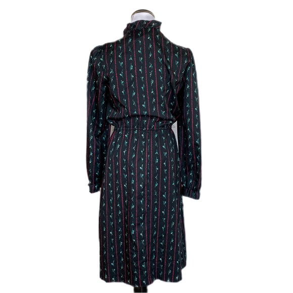 Vintage Jerrell of Texas Black Striped Micro Floral Elastic Waist MIDI Dress - Picture 7 of 12